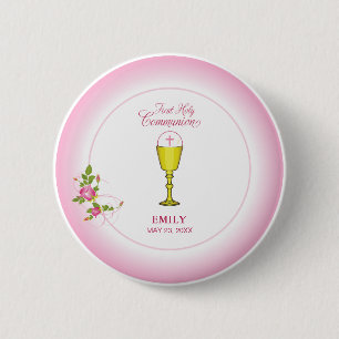 Badge Rond 5 Cm Fille Rose Première Communion Sainte, Chalice, H