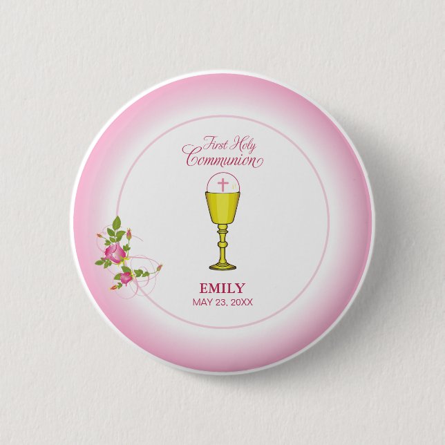 Badge Rond 5 Cm Fille Rose Première Sainte Communion, Calice, Host (Devant)