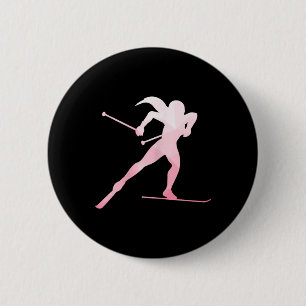 Badge Rond 5 Cm Fille Silhouette Ski de fond Sports d'hiver
