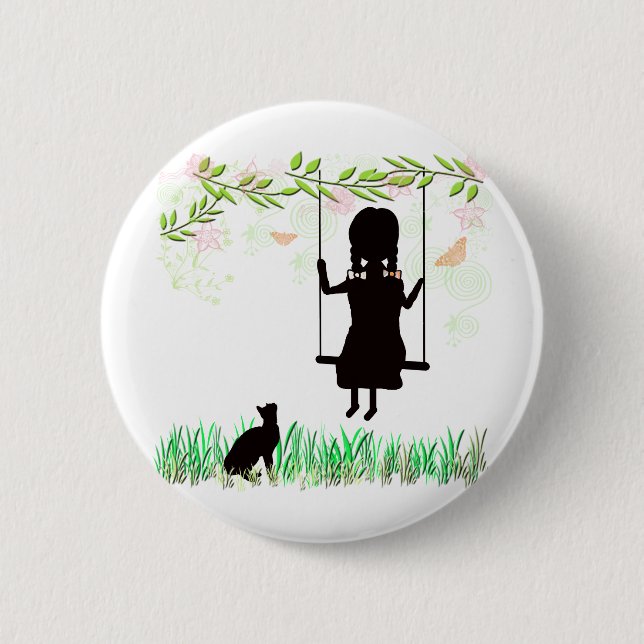 Badge Rond 5 Cm Fille sur l'oscillation avec le chat (Devant)