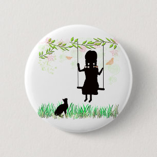 Badge Rond 5 Cm Fille sur l'oscillation avec le chat