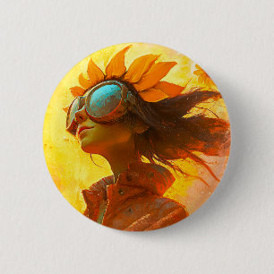 Badge Rond 5 Cm Fille Tournesol