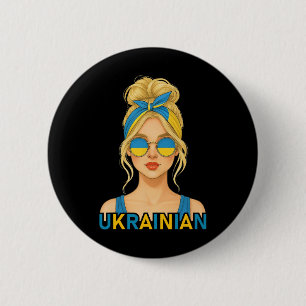 Badge Rond 5 Cm Fille ukrainienne blonde Drapeau ukrainien Petite