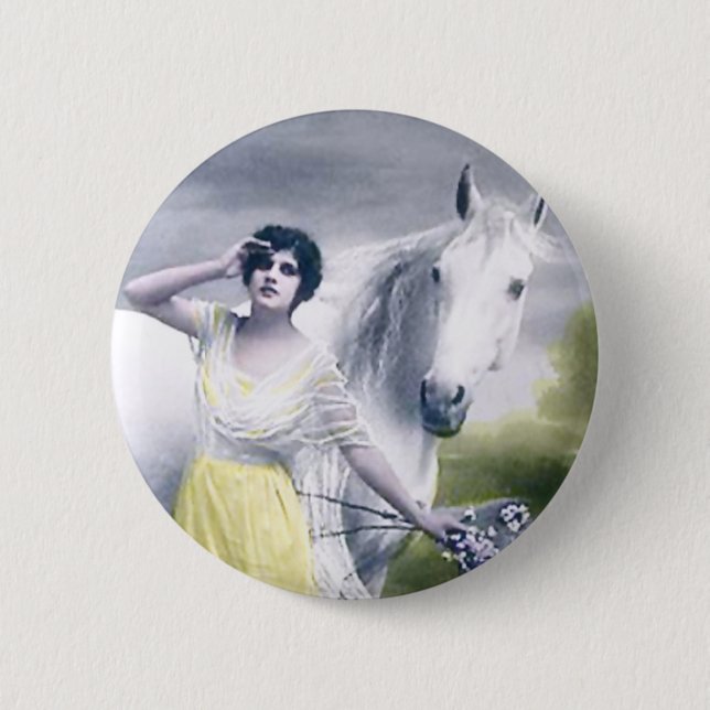 Badge Rond 5 Cm fille victorienne avec cheval blanc (Devant)