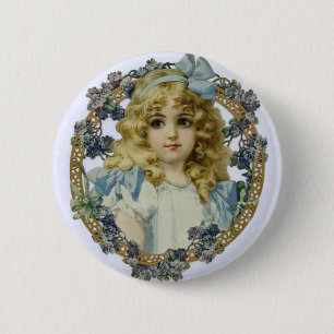 Badge Rond 5 Cm Fille Vintage avec de Belles Fleurs et un Nœud