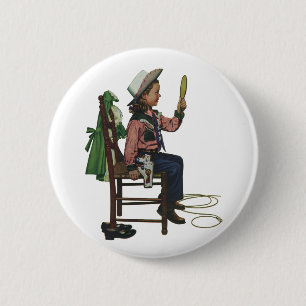 Badge Rond 5 Cm Fille Vintage Cowgirl Se regardant dans un miroir 
