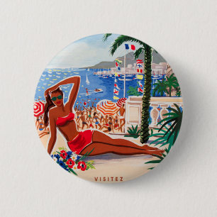 Badge Rond 5 Cm Fille vintage de plage de Cote d'Azur