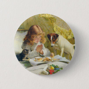 Badge Rond 5 Cm Fille Vintage en prière avec Chat & Chien Art Susp