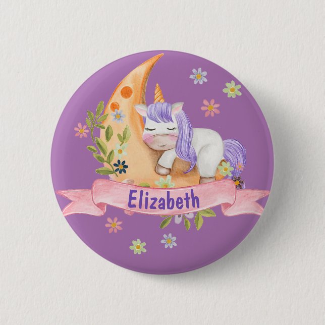 Badge Rond 5 Cm Filles Cute Unicorn Fleurs Nom personnalisé Enfant (Devant)