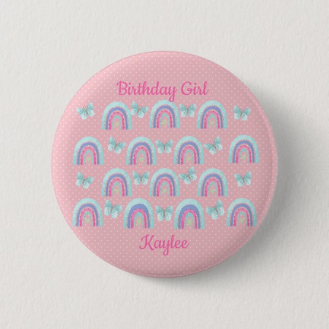 Badge Rond 5 Cm Filles d'anniversaire Rainbows, papillons et Pois (Devant)