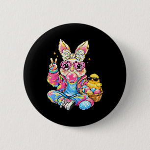Badge Rond 5 Cm Filles de Pâques Lapin Mignon Coquette Rose Enfant