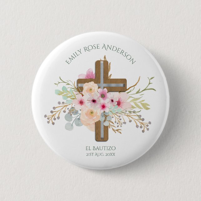 Badge Rond 5 Cm Filles Pink floral BAUTIZO Baptism Bautismo Nommé (Devant)