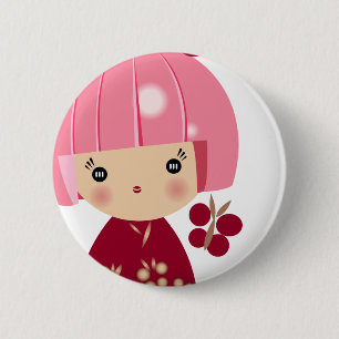 Badge Rond 5 Cm Fin rose de triplet de Kokeshi vers le haut de Pin