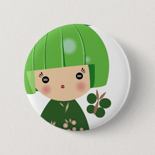 Badge Rond 5 Cm Fin verte de triplet de Kokeshi vers le haut de