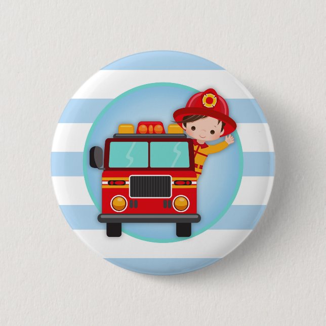 Badge Rond 5 Cm Firefighter Fire Truck Brown Hair Boy (Devant)