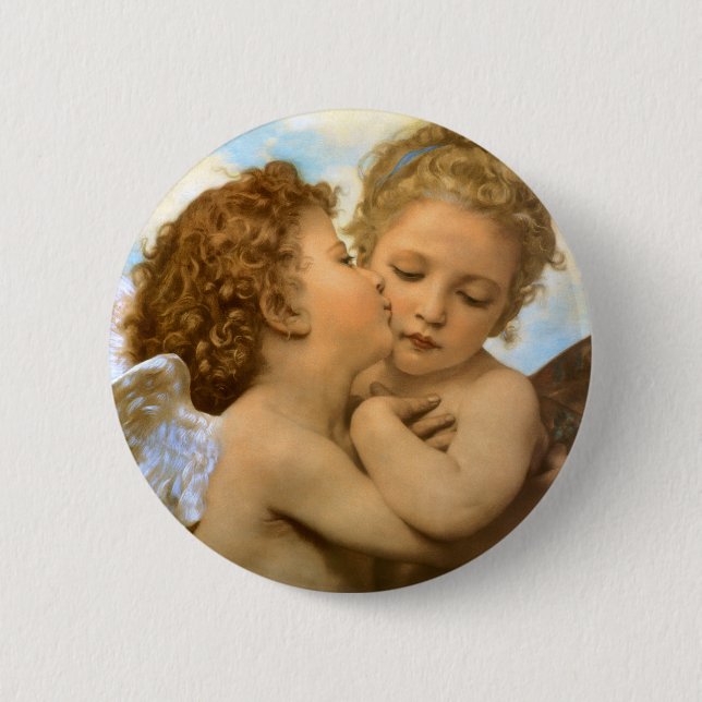 Badge Rond 5 Cm First Kiss (détail d'ange) par Bouguereau (Devant)