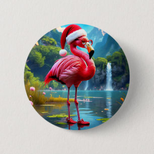 Badge Rond 5 Cm Flamant rose de Noël Comme Père Noël-47476