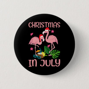 Badge Rond 5 Cm Flamant Rose de Noël en Juillet Avec Chapeau de Pè