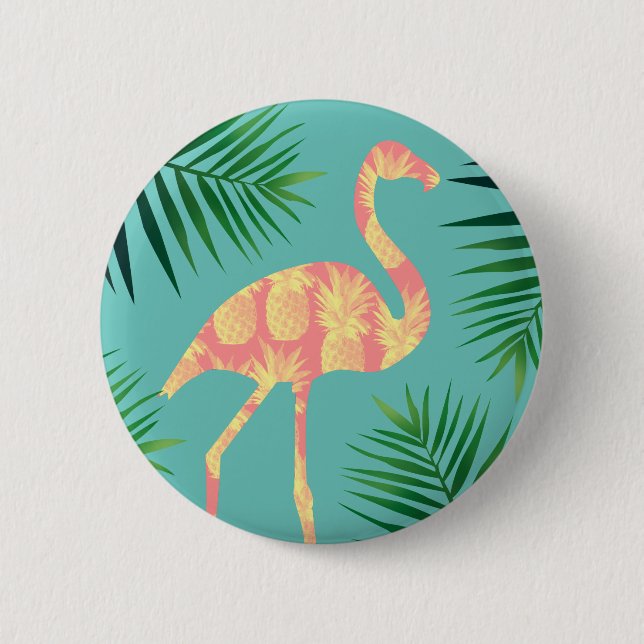 Badge Rond 5 Cm Flamant rose et feuillage tropicaux d'ananas (Devant)