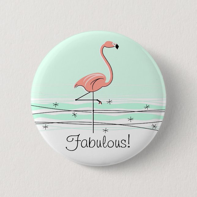 Badge Rond 5 Cm Flamant rose 'Fabulous ! ' bouton vert (Devant)