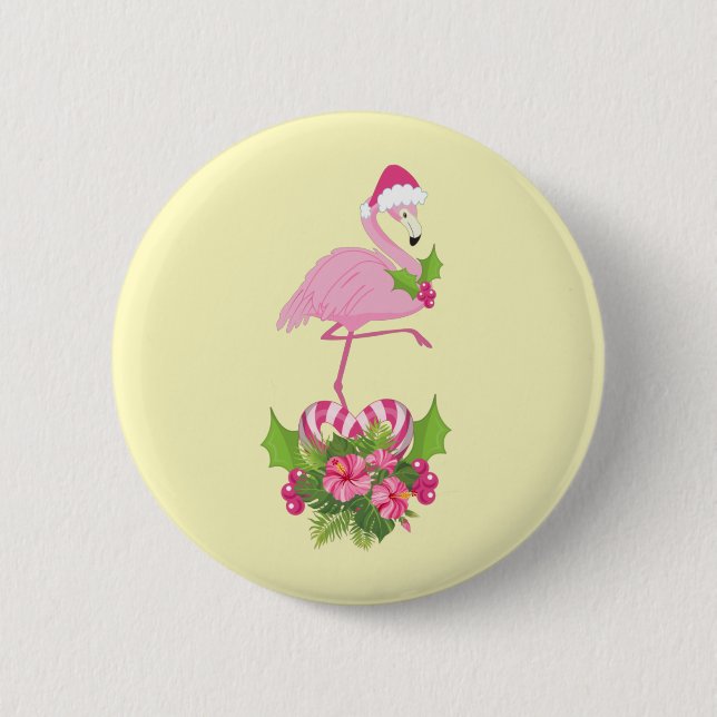 Badge Rond 5 Cm Flamant rose rose à Santa Hat Noël Whimsical (Devant)