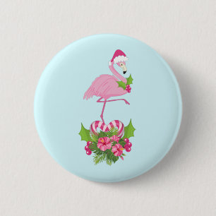 Badge Rond 5 Cm Flamant rose rose à Santa Hat Noël Whimsical