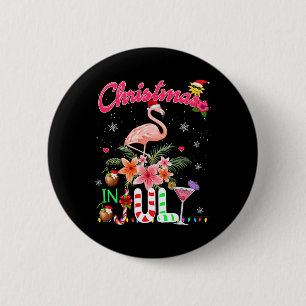 Badge Rond 5 Cm Flamant rose Rose Fun À Santa Hat Noël En Juillet 