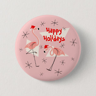 Badge Rond 5 Cm Flamant rose Santas rose Happy Holidays bouton ron