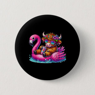 Badge Rond 5 Cm Flamingo de vache highlandée flotte été plage d'Ha