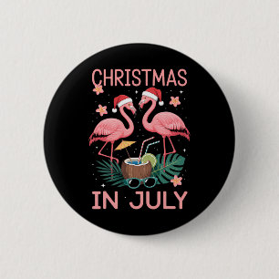 Badge Rond 5 Cm Flamingo Rose Noël En Juillet Avec Chapeau De Père