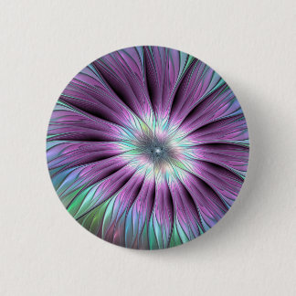 Badge Rond 5 Cm Fleur Abstraite colorée rose bleu vert fractal