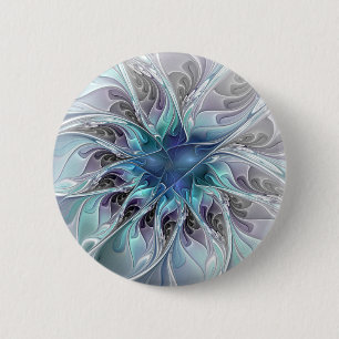 Badge Rond 5 Cm Fleur Abstraite Fractale Moderne Avec Bleu