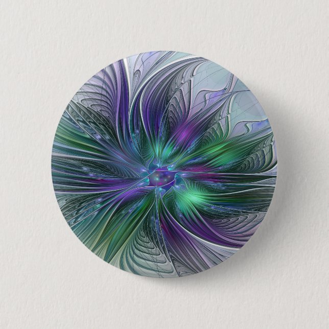 Badge Rond 5 Cm Fleur Abstraite Moderne Art Fractal Vert Violet (Devant)