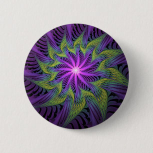 Badge Rond 5 Cm Fleur Abstraite Moderne de Fractale Violette Verte