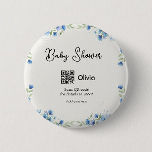 Badge Rond 5 Cm Fleur aquarelle bleue bébé shower scan QR RSVP pa