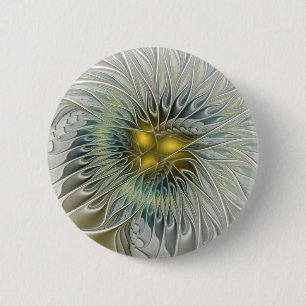 Badge Rond 5 Cm Fleur argentée dorée Fantaisie abstraite Art fract