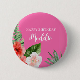 Badge Rond 5 Cm Fleur d'anniversaire Hawaïenne rose