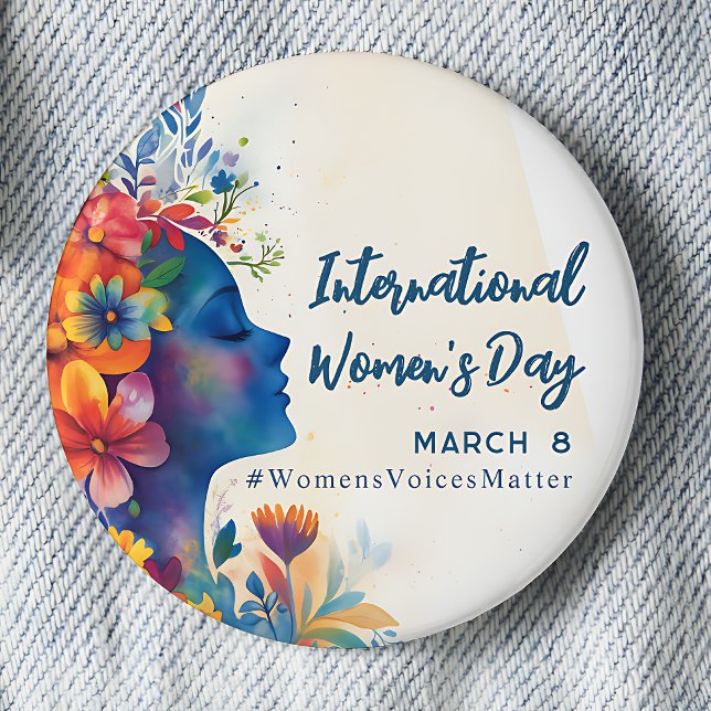 Badge Rond 5 Cm Fleur d'aquarelle Journée internationale des femme (International Women's Day March 8 Watercolor pinback button. #WomensVoicesMatter)