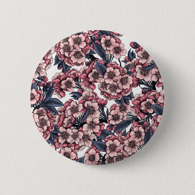 Badge Rond 5 Cm Fleur de cerisier rose et bleu (Devant)