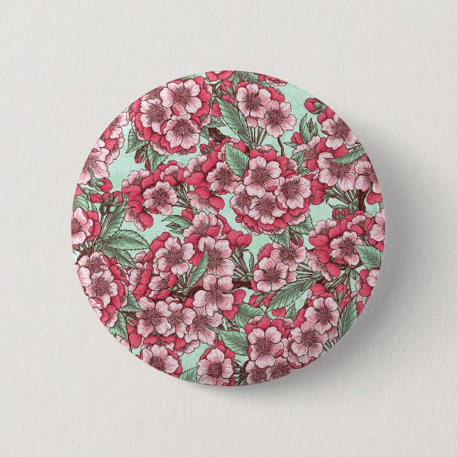 Badge Rond 5 Cm Fleur de cerisier rose et menthe (Devant)