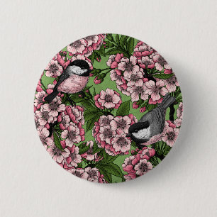 Badge Rond 5 Cm Fleur de cerisiers et poulets verts