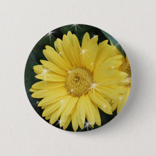 Badge Rond 5 Cm fleur de gerbera jaune avec des étoiles