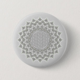 Badge Rond 5 Cm Fleur de la vie - Fractal Mandala gris vert