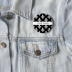 Badge Rond 5 Cm Fleur de Lis, Blanc sur Noir, Blanc, Votre Nom