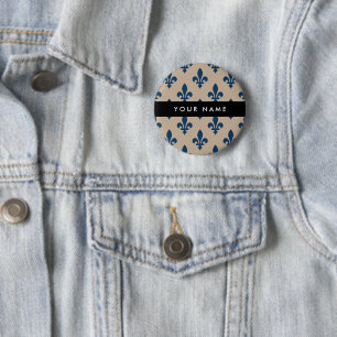Badge Rond 5 Cm Fleur de Lis, Bleu Marine sur Beige, Royal, Votre