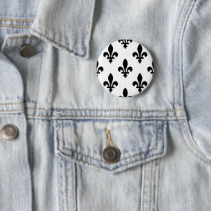 Badge Rond 5 Cm Fleur de Lis Motif, Royal French, Noir sur Blanc