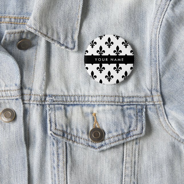 Badge Rond 5 Cm Fleur de Lis, Noir sur Blanc, Noir, Votre Nom (En situation)