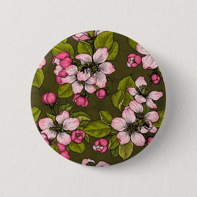 Badge Rond 5 Cm Fleur de pomme sur vert foncé (Devant)