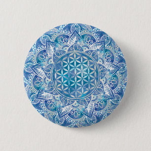 Badge Rond 5 Cm Fleur de vie à Lotus - Aquarelle Bleue