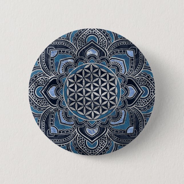 Badge Rond 5 Cm Fleur de vie à Lotus - Cristal bleu et argent (Devant)